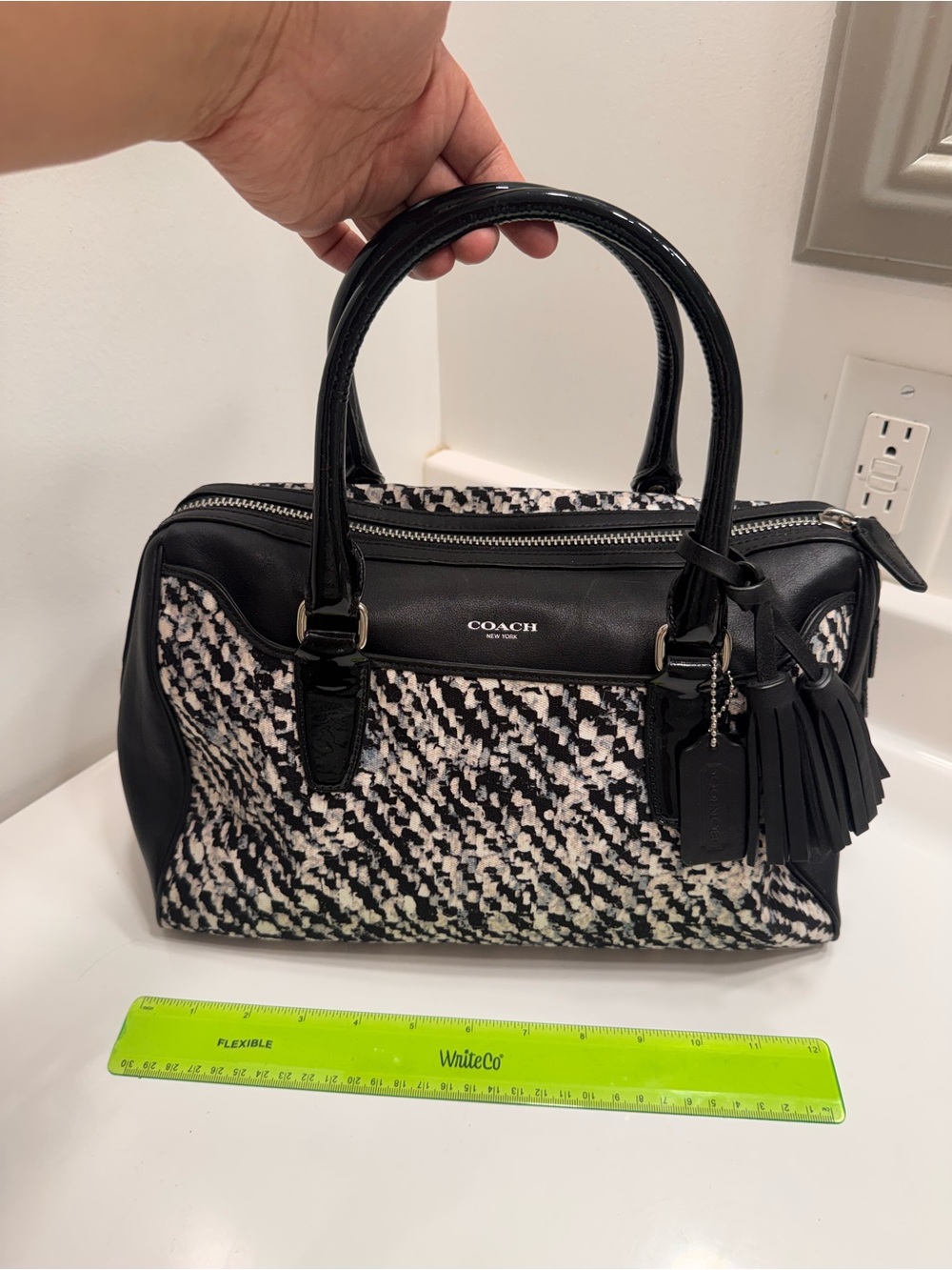 Coach Black and White Satchel with Leather Trim and Patent handles.